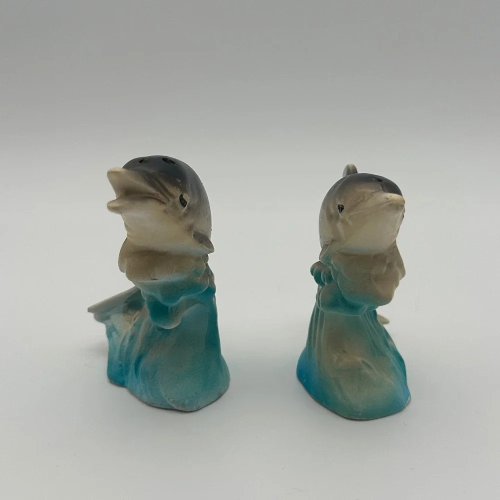Vintage Dolphin Salt and Pepper Shakers Set Grey Blue Ocean Waves Decor